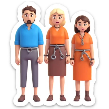 expressive emoji style man and woman in simple rural outfits chained at wrists standing before a village with angry shouting villagers behind bright cartoon colors sticker