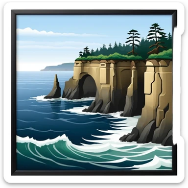 Cape Flattery dramatic cliffs with ocean waves and confluence of the Strait of Juan de Fuca and the Pacific Ocean, simple and iconic, Apple emoji style, no text sticker