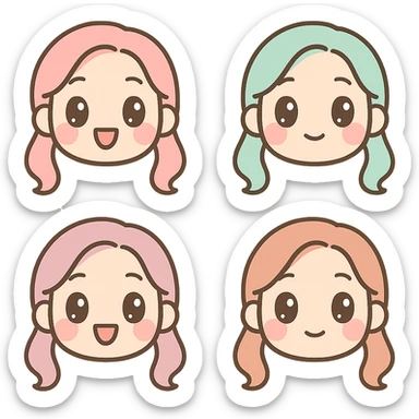 Convert the girl in the image into a set of kawaii style emoticons with transparent background, focusing only on the face and simple expressions. Kawaii style supports text but keep the expressions simple and cute. sticker