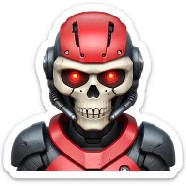 futuristic war robot portrait, head and shoulders only, skull-inspired helmet, glowing red eyes, cracked metal face, dark armor collar, battle scars, dramatic lighting, 3D cartoon, mobile game icon style, clean background, no text, no watermark
 sticker