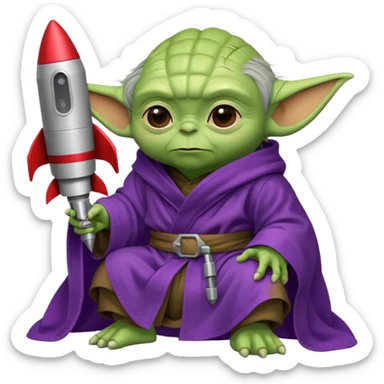 yoda in a purple robe siting in a rocket sticker