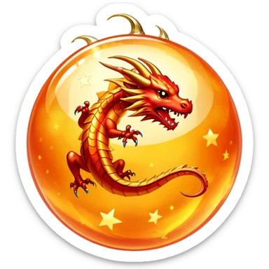 Orange crystal Dragon Ball with red stars inside, glowing golden orb with visible red stars, classic anime style sticker