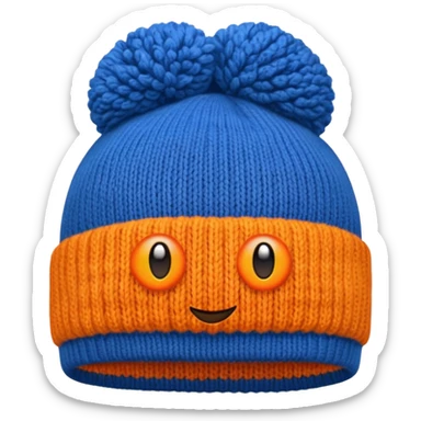 a blue beanie with an orange rim, and an orange puff dot at the top sticker