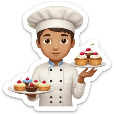 a boy chef with a plate of delicious desserts sticker