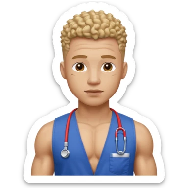 Ripped, athletic man with thick neck, high top fade with no part, curly hair only top only, no shirt and show waistline up add scrubs sticker