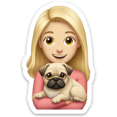 Blonde girl smiling and holding a pug sticker