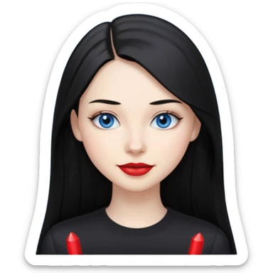 20 yr old woman long straight black hair, pale skin, blue eyes, red lipstick, black clothes, small smile sticker
