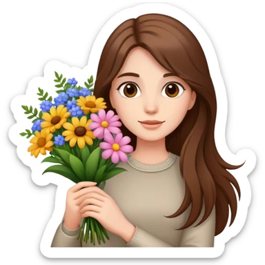 A cool girl with long brown hair and fair skin holding a bouquet of flowers sticker