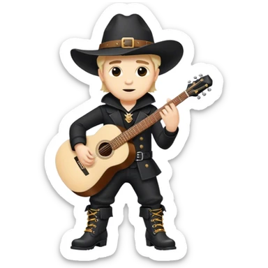 Short, almost dwarfish man dressed in black with big boots and a huge hat with a guitar sticker