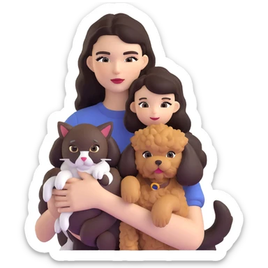 Kendall Jenner with long dark hair, holding a brown poodle and a black and white cat sticker