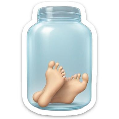 human feet standing on the floor with an empty transparent jar between them,front view sticker