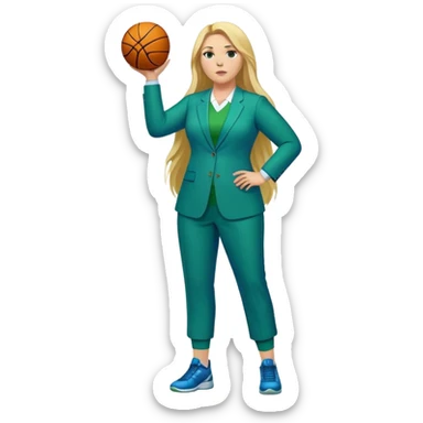 Full Body white plus size female basketball head coach with long blonde hair in a blue and green suit sticker