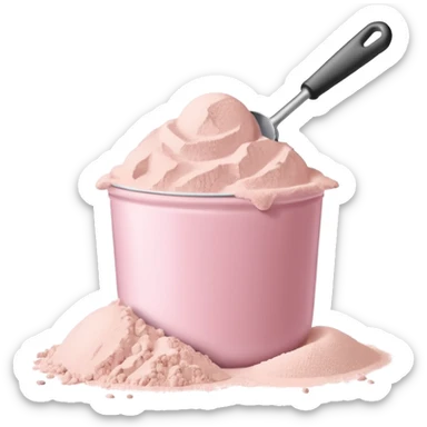 Pastel pink scoop of protein powder on a clean white surface sticker