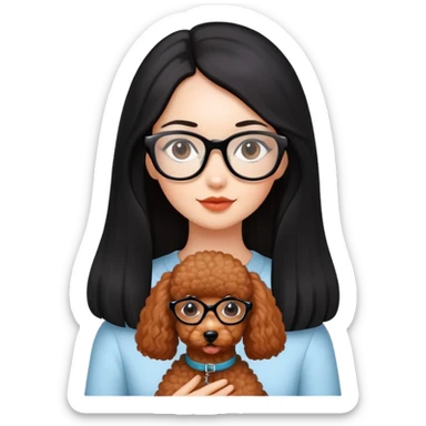 A beautiful girl with fair skin has long straight black hair with glasses and a miniature reddish-brown Poodle. sticker