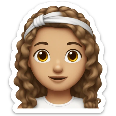 Girl with Brown hair, wavy long hair, Brown eyes, tee shirt White and Headband in the hair and clear skin sticker
