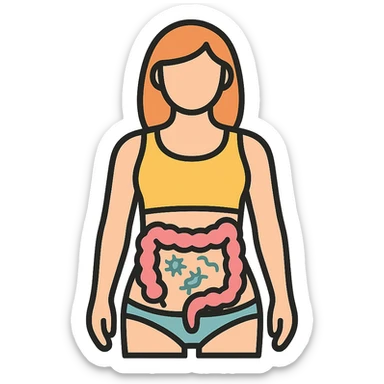 educational icons style female body section, intestine with few parasites represented as simple transparent symbols, delicate colors, infographic style, 4K resolution sticker