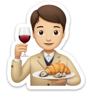 French cuisine humanless avatar in clean emoji-style illustration. 1 Croissant, oysters and wine glass, soft beige tones, simple shapes, flat design, refined and cozy. sticker