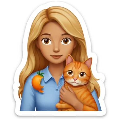 a woman with slightly wavy, long, brown, half blonde hair, holding an orange cat sticker