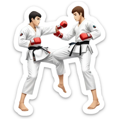 Two taekwondo fighters in traditional white doboks with black belts compete in a dynamic match. One executes a high spinning kick, while the other blocks skillfully. The background features a professional arena with bright lights and spectators. Transparent background. sticker