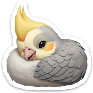 Meme-Worthy Cute Sleeping Cockatiel Portrait Emoji, Head resting peacefully with a contented smile, showcasing a delicate, slender build and a luxuriously soft grey fur with gentle yellow accents, eyes shut in a serene nap, Simplified yet hilariously adorable features, highly detailed, glowing with a soft, drowsy light, high shine, relaxed and utterly lovable, stylized with an air of playful laziness, bright and heartwarming, soft glowing outline, capturing the essence of a comically sleepy cockatiel, so meme-worthy it feels like it could instantly become the next viral sensation of adorable slumber! sticker