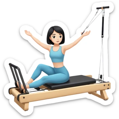 Short black haired girl ( hair until shoulder) doing reformer Pilates  sticker