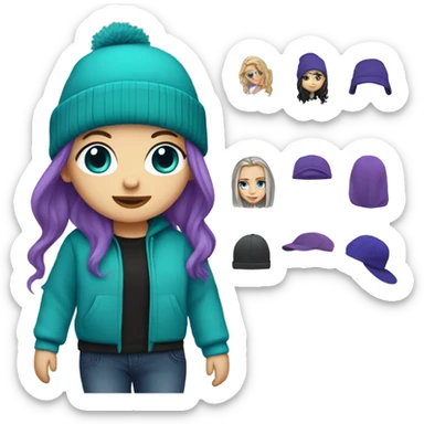 White girl, blue eyes, long teal hair, purple beanie hat, black hoodie, blue jeans, black shoes sticker