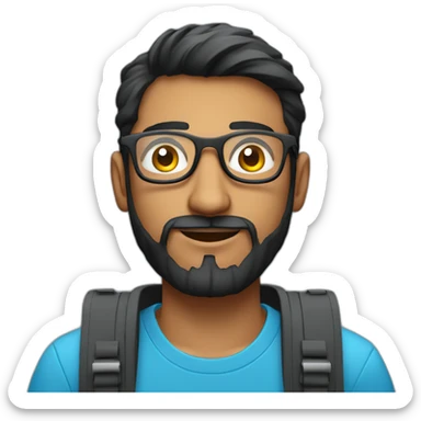 indian physics phd student holding a laser with a short beard and round glasses in a blue t shirt with black hair and a laptop bag sticker