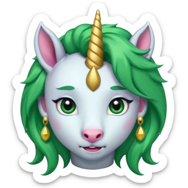 unicorn with green hair and big earrings looking into camera sticker