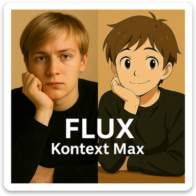 same similar image but chnage the text to "Flux Kontext Max", change people and pose too sticker