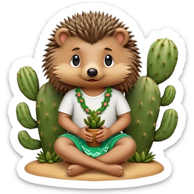 hedgehog sitting on a cactus wearing a hula shirt sticker