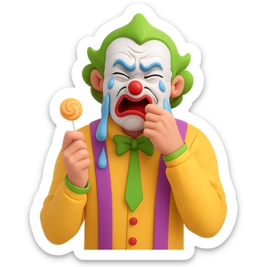 Make the ugly joker in the yellow jersey cry brutally out of envy, with exaggerated tears and a jealous, envious expression, still eating a lollipop, no background. Render in a style suitable for editing with transparent background. sticker