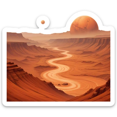 Cinematic Realistic Mars, portrayed with rugged, rust-colored landscapes, deep canyons, and swirling dust storms rendered with lifelike texture and an orange-hued glow that evokes the enigmatic allure of the Red Planet. sticker