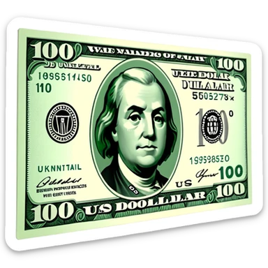 3D realistic US 100 dollar bill sticker, slight perspective, centered, clean cutout, transparent background, no text, no watermark sticker