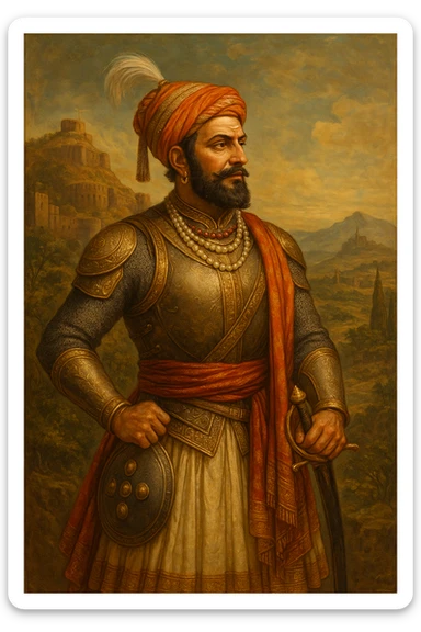 Shivaji Maharaj, iconic Indian warrior king, traditional Maratha attire, regal pose, historical details sticker