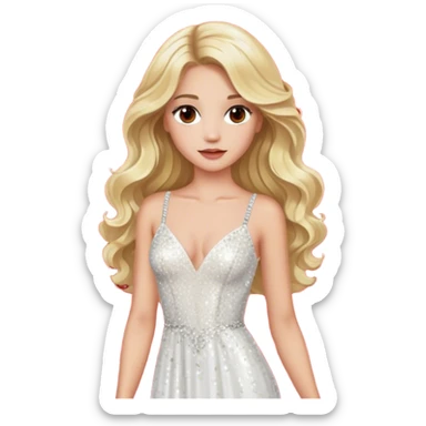blonde model, brown eyes, long wavy hair, red carpet glam, white sequin gown sticker