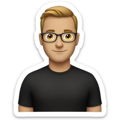 White male with brown side parting wearing glasses in a black t-shirt sticker