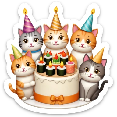 six happy cats wearing party hats celebrating a birthday party around a large cake made entirely of sushi with a candle on top sticker