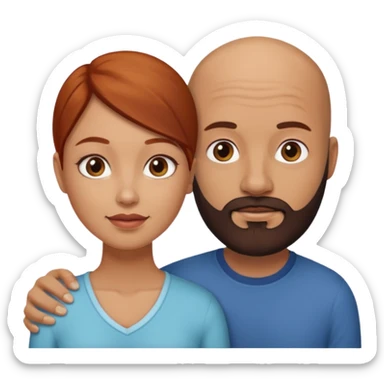 Couple. A bald man with dark brown beard and a girl with light skin. She is a redhead and has dark yellow brown auburn hair. Different skincolor. She has very light skin. sticker