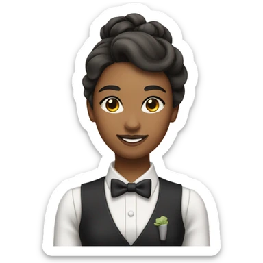 a female butler with a professional and elegant demeanor. She has her hair neatly tied in a ponytail and wears a classic butler uniform, including a tailored vest, crisp white shirt, and bow tie. sticker