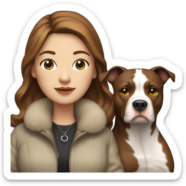 white woman with long brown hair in a furry jacket standing alongside a white pitbull sticker