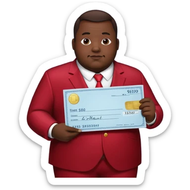 fat guy bold head in dark red velvet suit holding cheque sticker