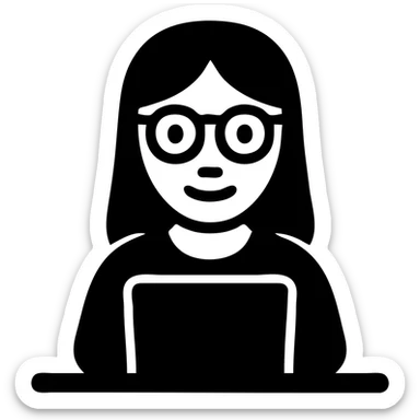 Make the girl smile, keep her long hair and glasses, serious but smiling, working at a desk, minimal flat icon style with no background, simple shapes and clean lines. sticker