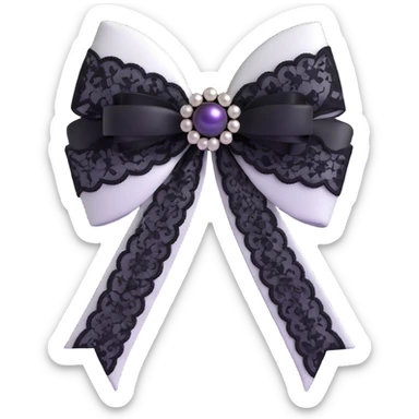 3D emoji gothic bow, white satin, silver cross charm, black lace trim, dark pearl details sticker