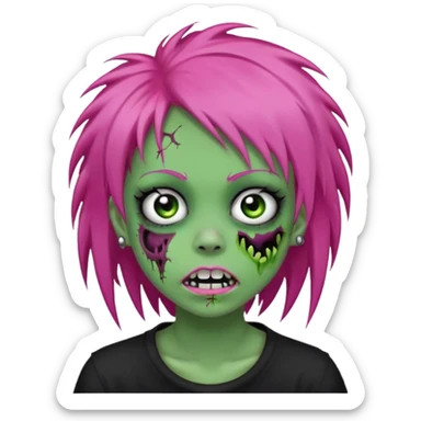 girl, green zombie, pink coily hair, medium long, emo, shaggy, dark, spooky, piercing on eyebrow, colourful teeth, creepy blank expression sticker