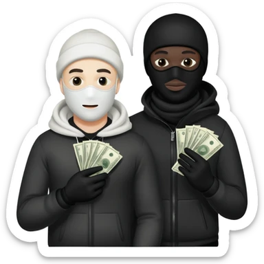 Two men one with white skin color and the other black skin color and both wearing black Ski masks holding money bag sticker
