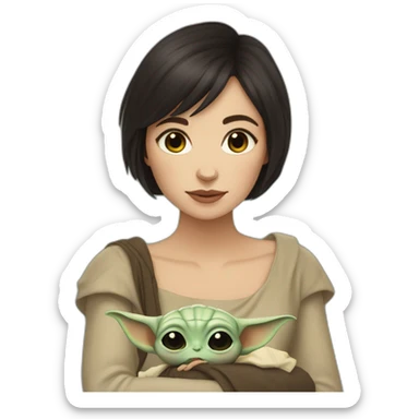 Young pale woman, dark short hair, holding baby yoda sticker