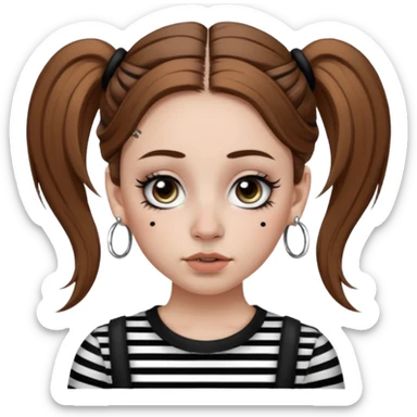 a white girl with brown hair in very low pigtails black eyeliner big false eyelashes with a septum piercing nose piercing big hoop earings dermals close to the eyes one on each side wearing a black and white striped long sleeve shirt sticker