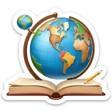 An icon featuring a globe with speech bubbles in different languages, symbolizing the study of foreign languages. The design includes a book and a pencil, representing learning and communication across cultures. Transparent background highlights the global nature of language education. sticker