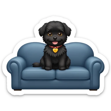 Black Maltese dog on couch with a smile sticker