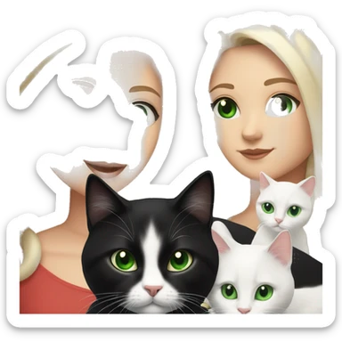 White Girl Black shoulder length hair Green Eyes with 2 cats, one white Cat and black Details on the Head and the other cat is a norwegian cat sticker